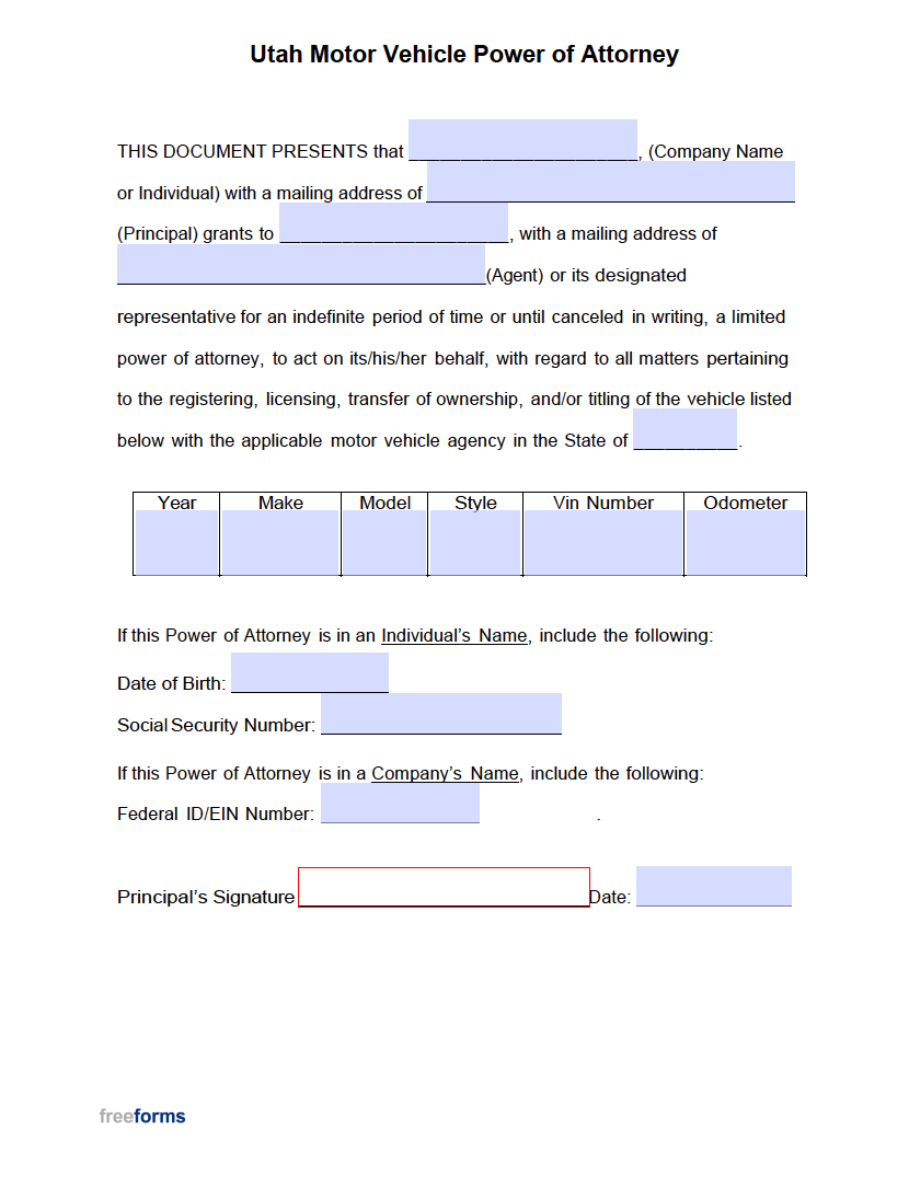 Free utah motor vehicle power of attorney form pdf word