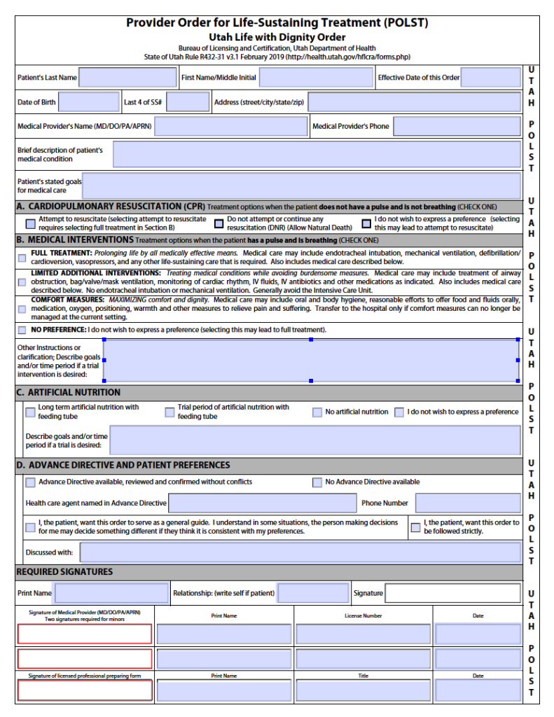 Free Utah Advance Directive Form (Medical POA & Living Will) PDF WORD