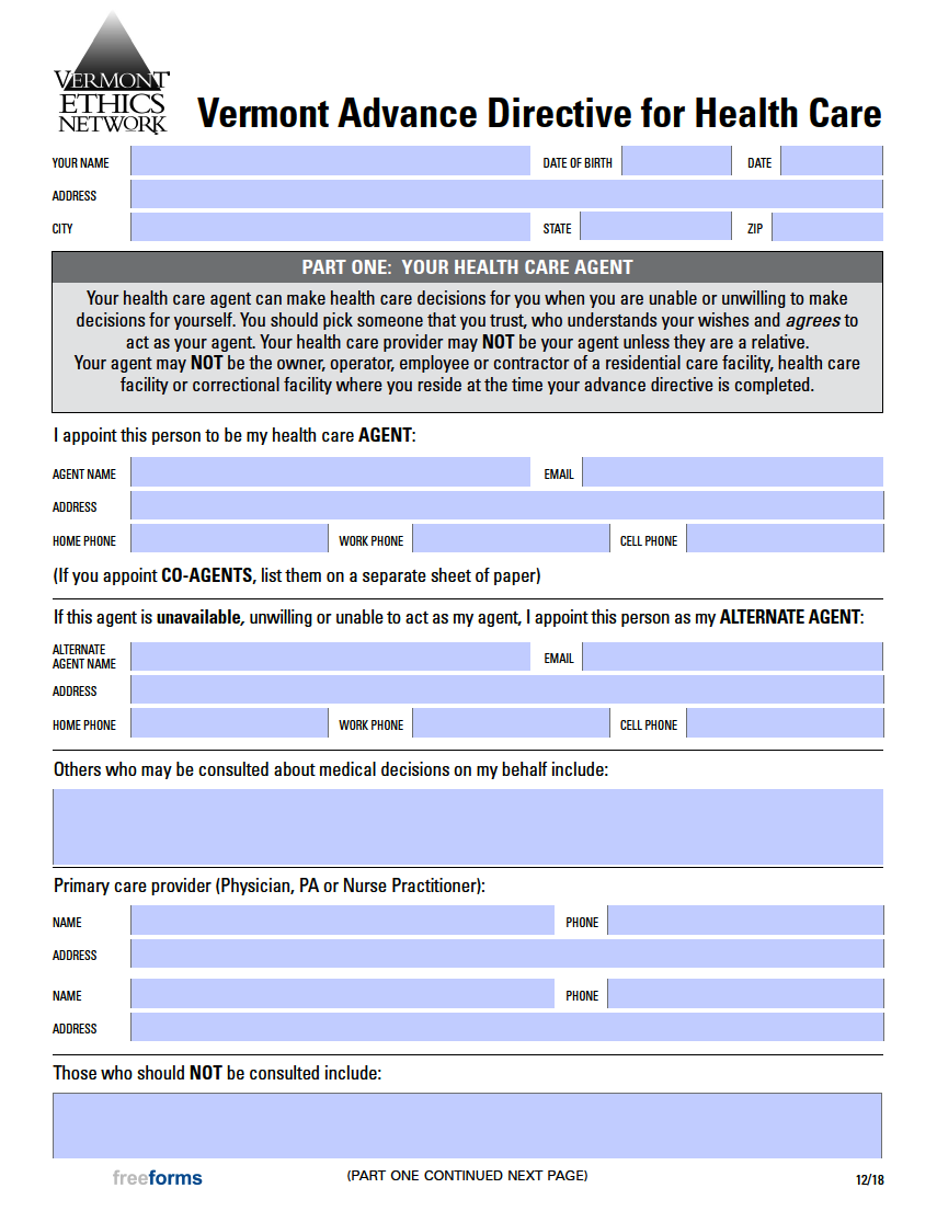 Free Vermont Advance Directive Form (Medical POA & Living Will) PDF