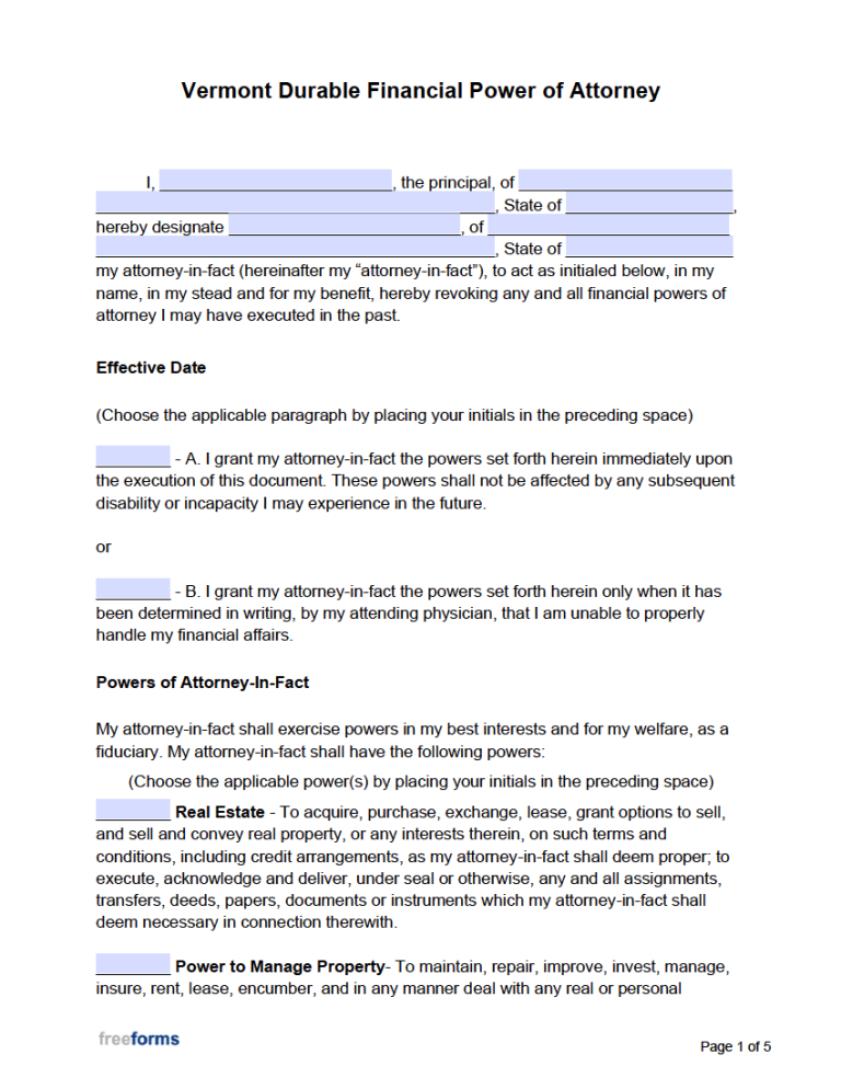 Free Vermont Power of Attorney Forms | PDF | WORD