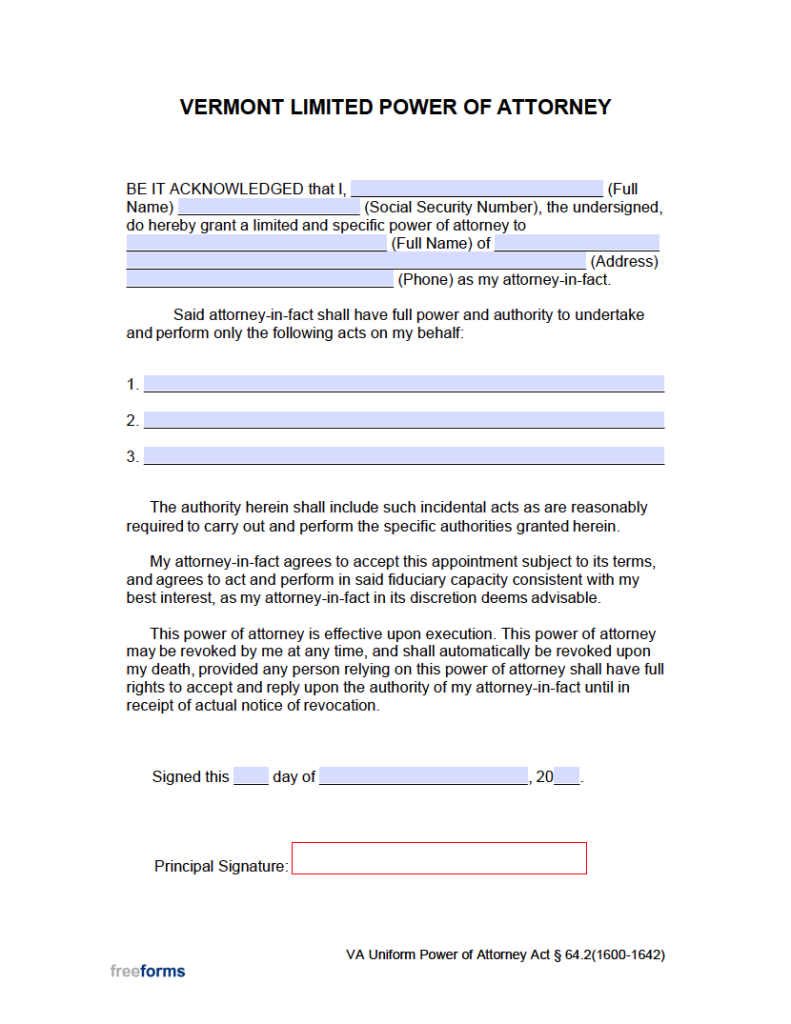 Free Vermont Power of Attorney Forms PDF WORD