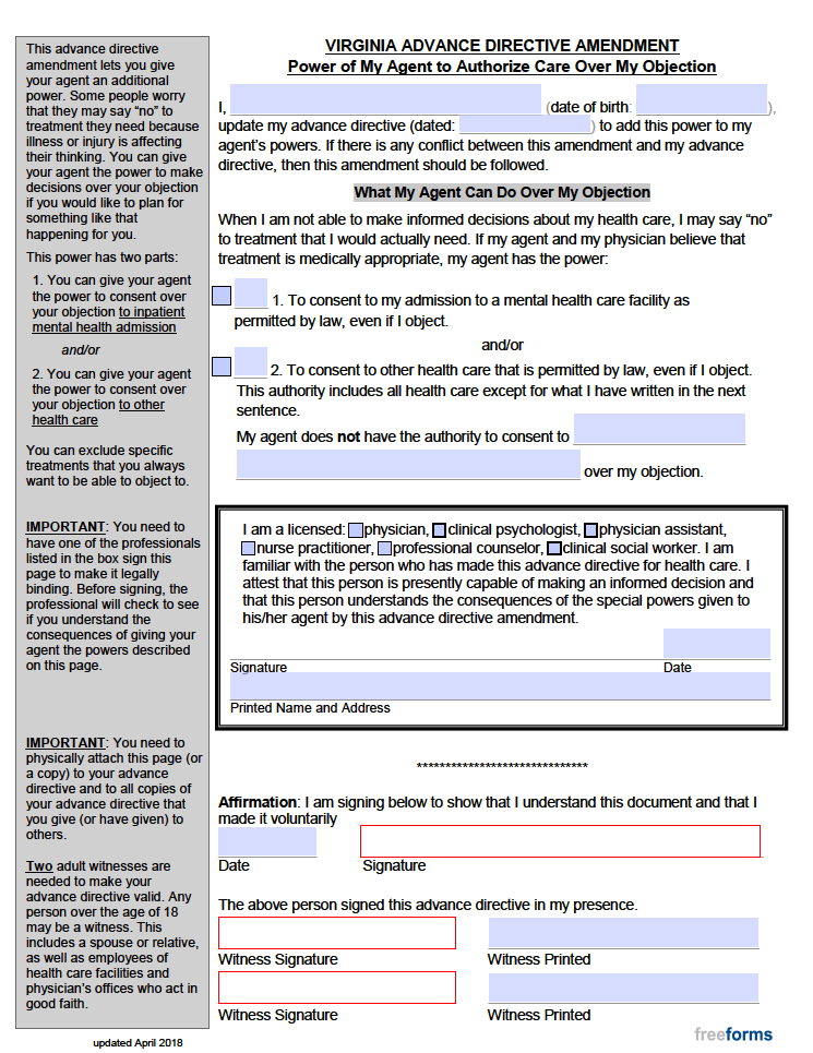 Free Virginia Advance Directive Form Medical Poa And Living Will Pdf 6012