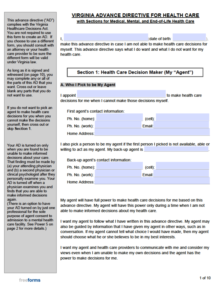 Free Virginia Advance Directive Form (Medical POA & Living Will) PDF