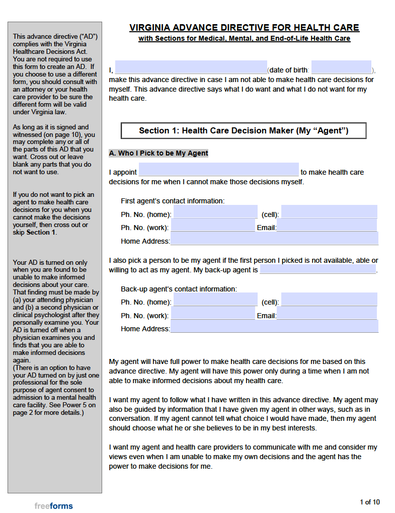 Free Virginia Advance Directive Form Medical Poa And Living Will Pdf 6589