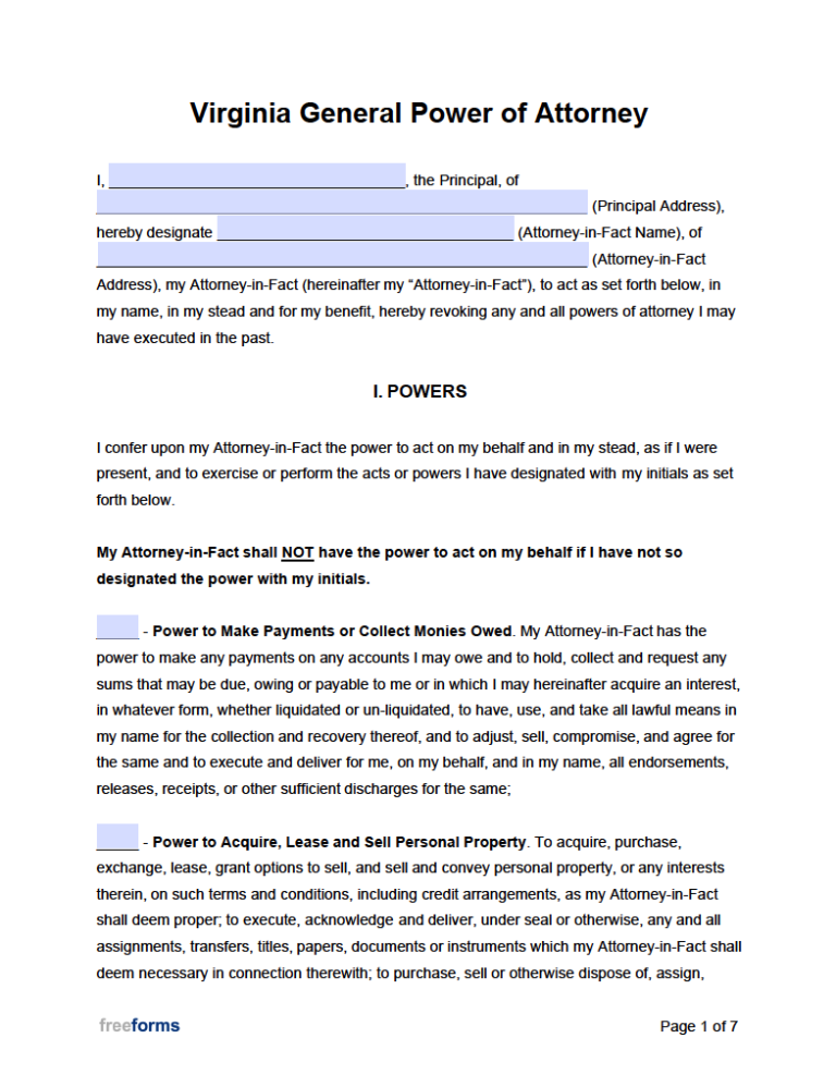Free Virginia General (Financial) Power of Attorney Form PDF WORD