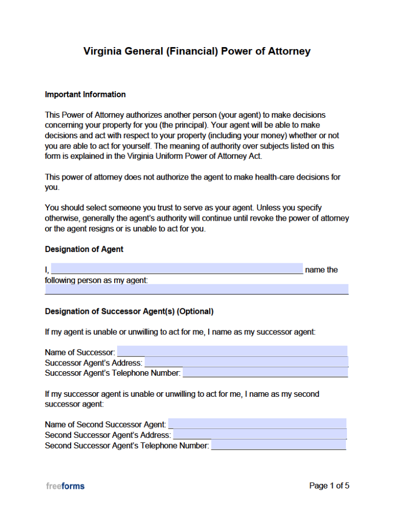 Free Virginia General (Financial) Power of Attorney Form PDF WORD