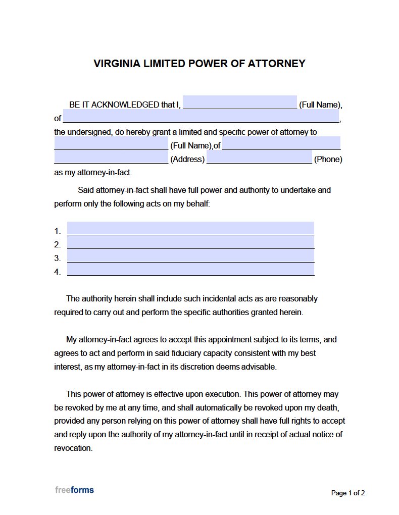 Free Virginia Limited Special Power Of Attorney Form Pdf Word