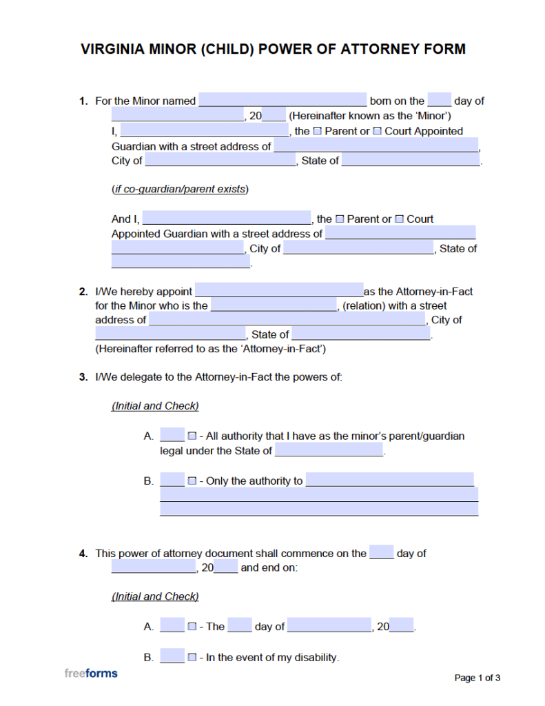 Free Virginia Minor Child Power Of Attorney Form Pdf Word