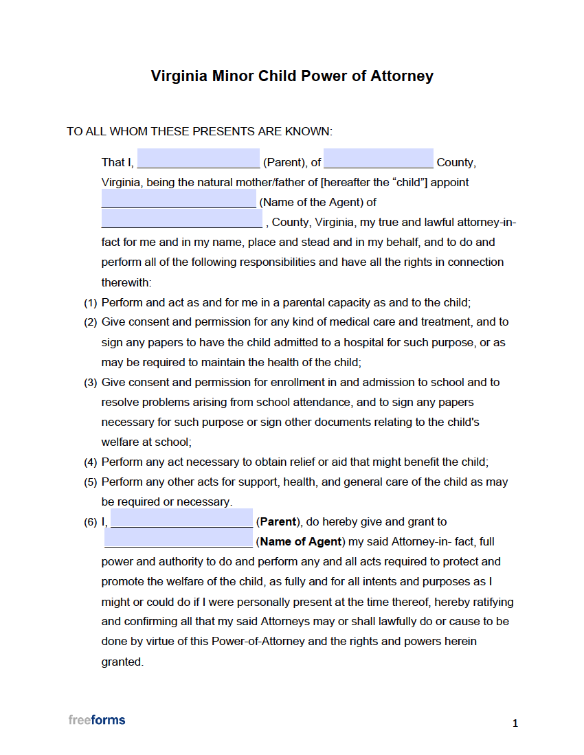 Free Virginia Minor Child Power of Attorney Form | PDF | WORD