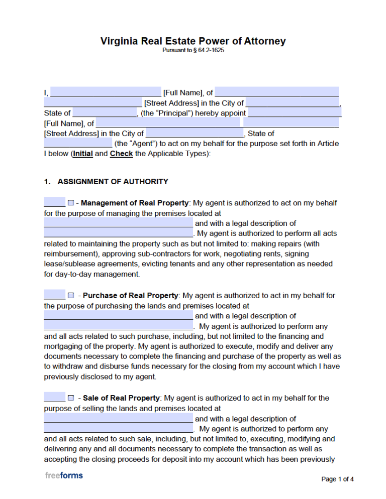 Free Virginia Real Estate Power of Attorney Form PDF WORD