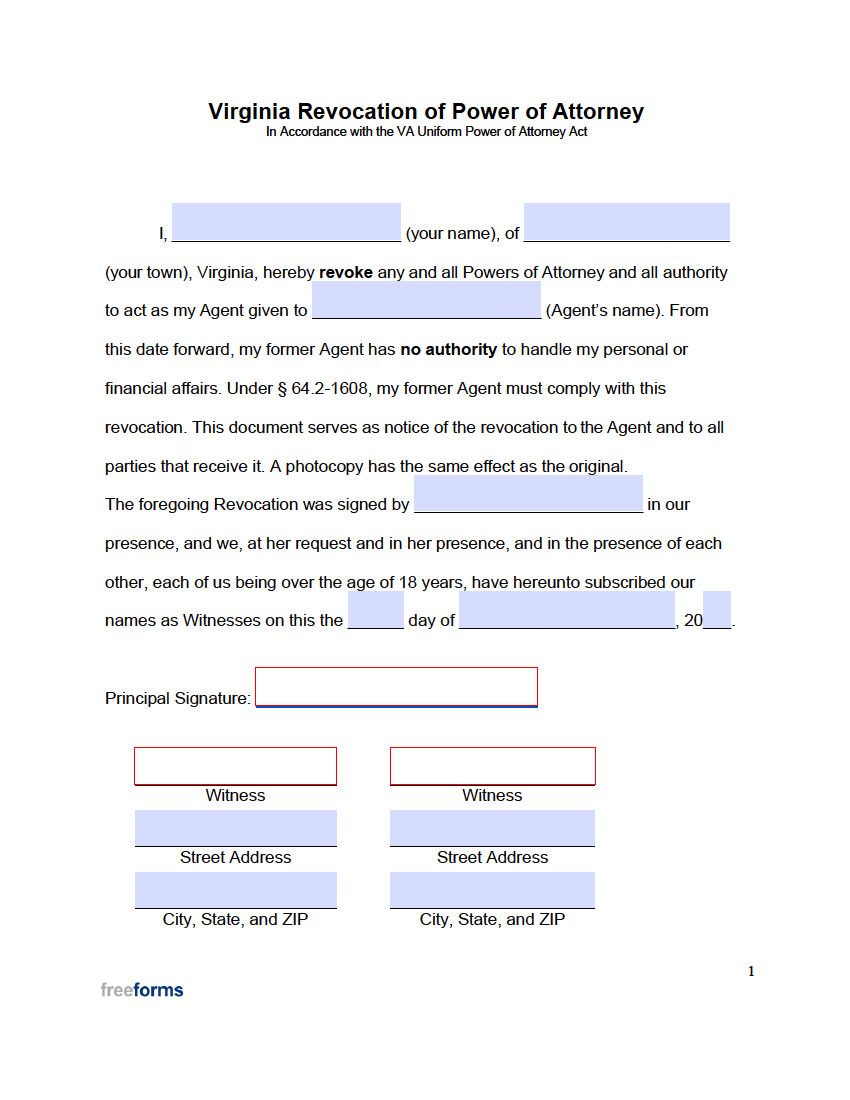 Free Virginia Revocation Of Power Of Attorney Form Pdf Word 1929