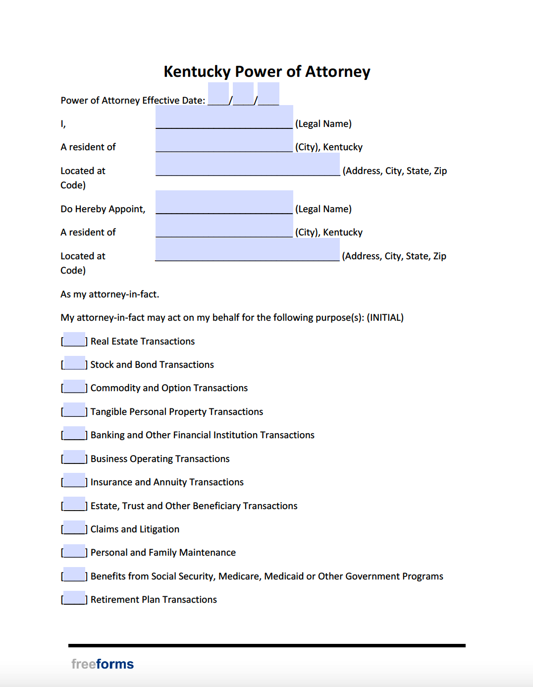 Free Kentucky Durable (Financial) Power of Attorney Form PDF WORD