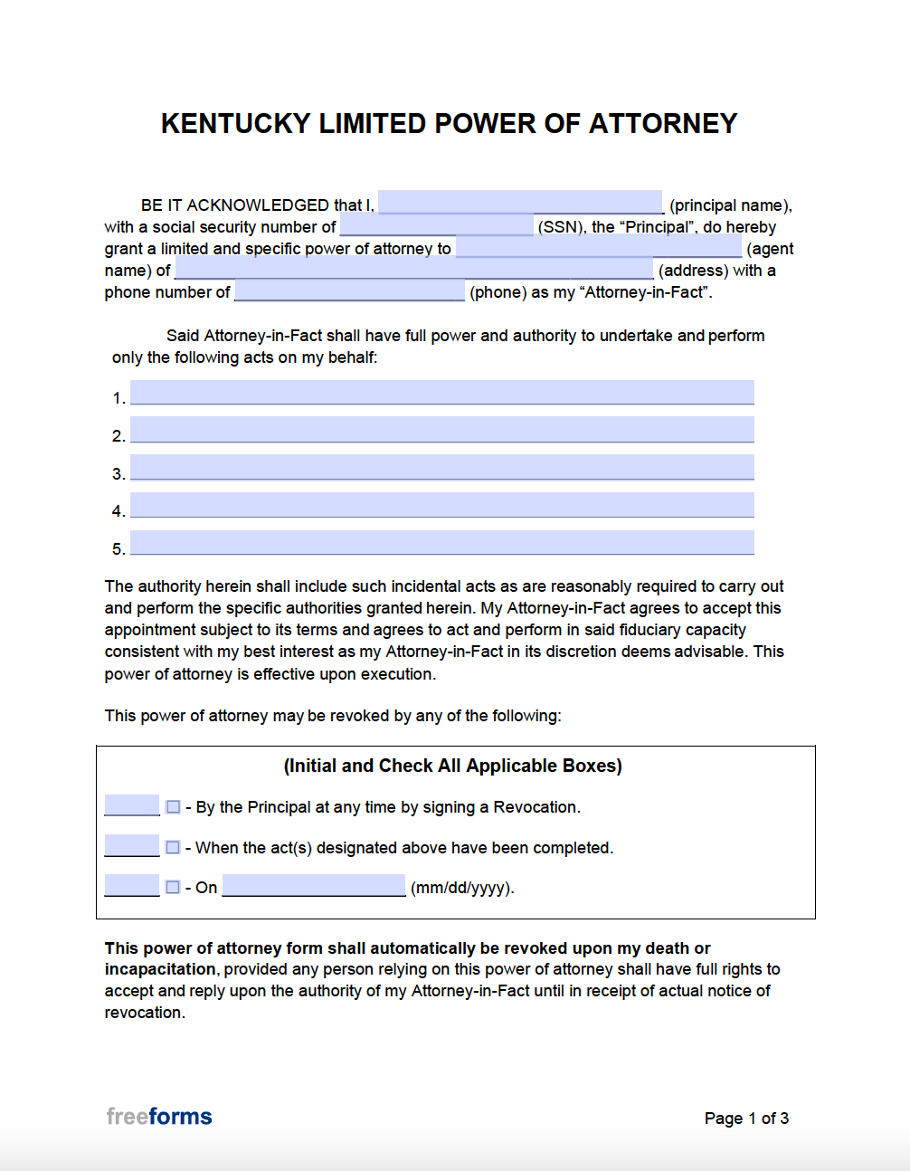 Free Kentucky Limited Special Power Of Attorney Form Pdf Word