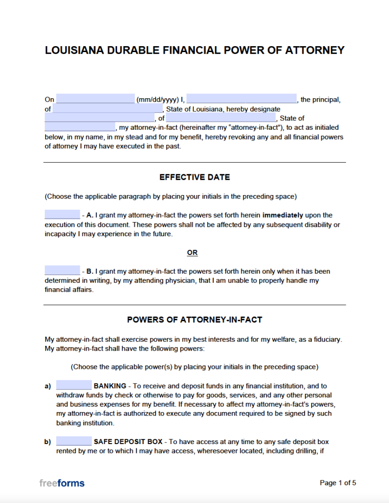 Free Louisiana Durable Financial Power Of Attorney Form PDF WORD