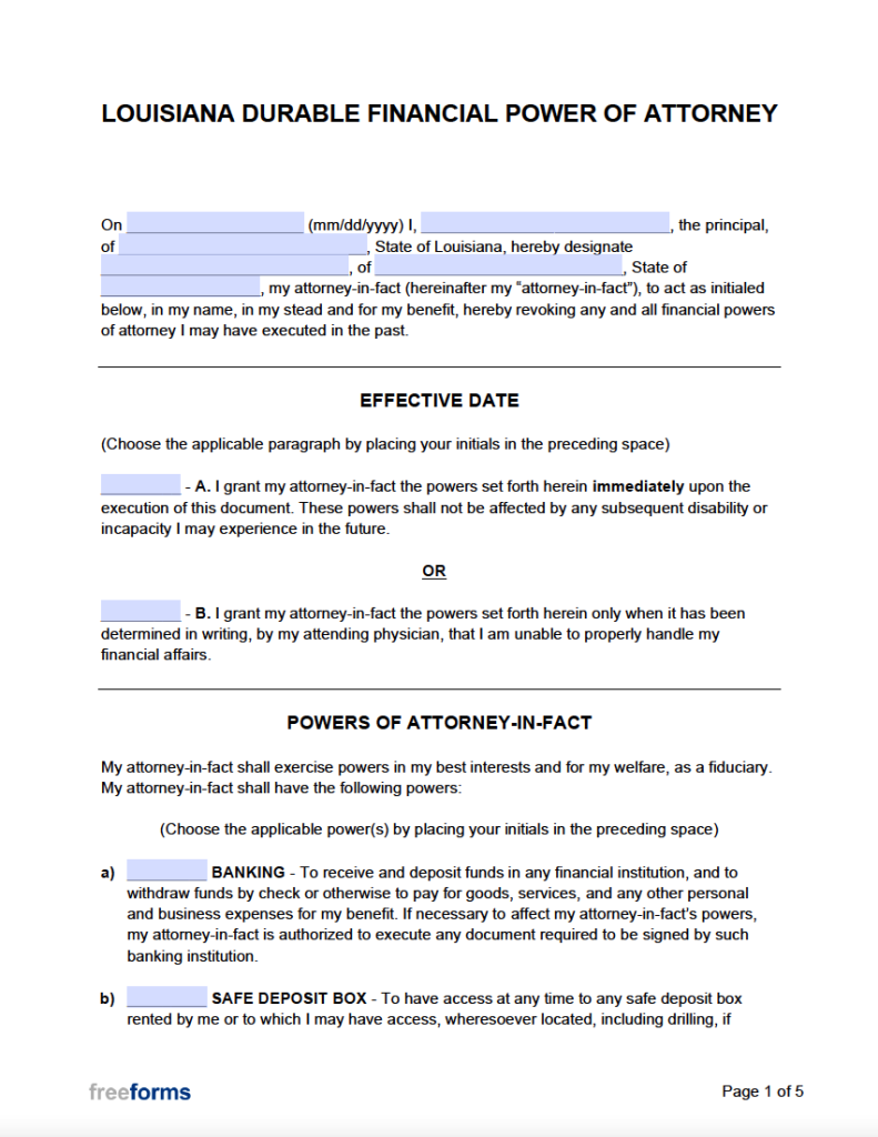 Free Louisiana Durable (Financial) Power of Attorney Form PDF WORD