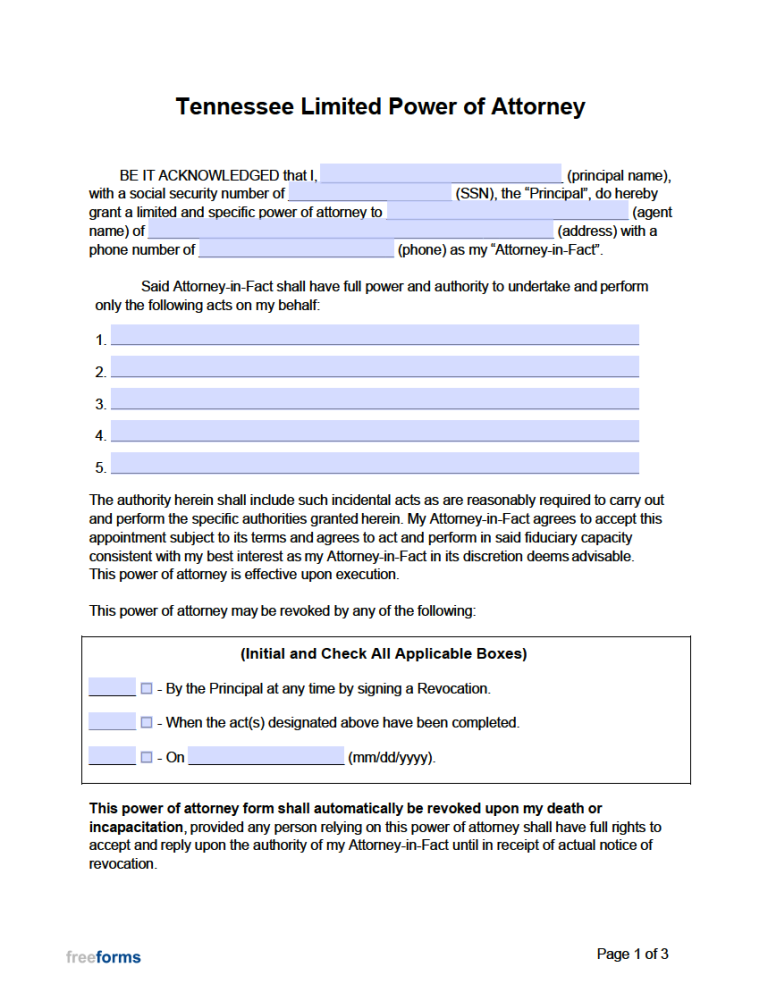 Free Tennessee Limited (Special) Power of Attorney Form PDF WORD