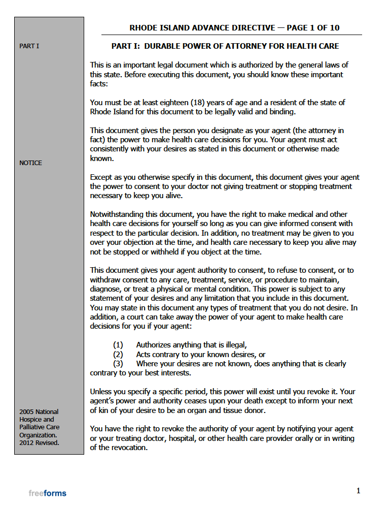 Free Rhode Island Advance Directive Form (Medical POA & Living Will) PDF