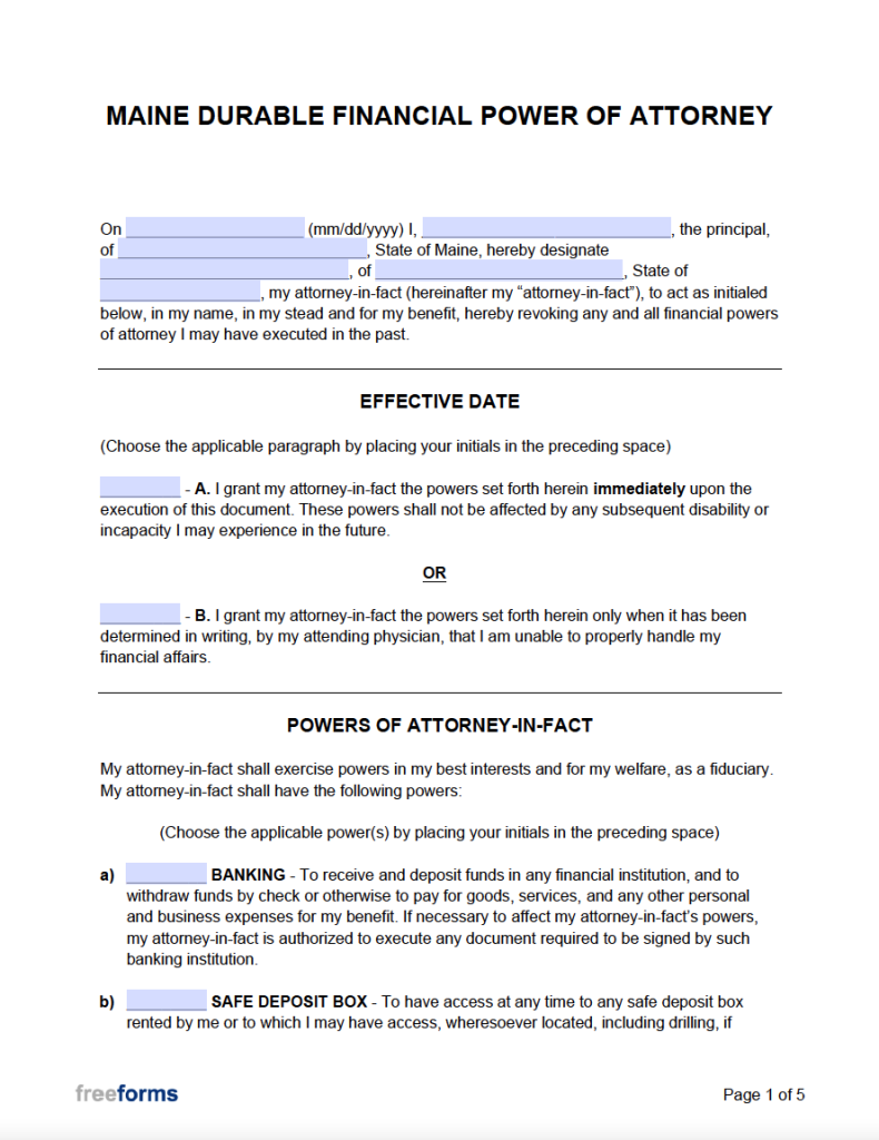 Free Maine Durable (Financial) Power of Attorney Form PDF WORD