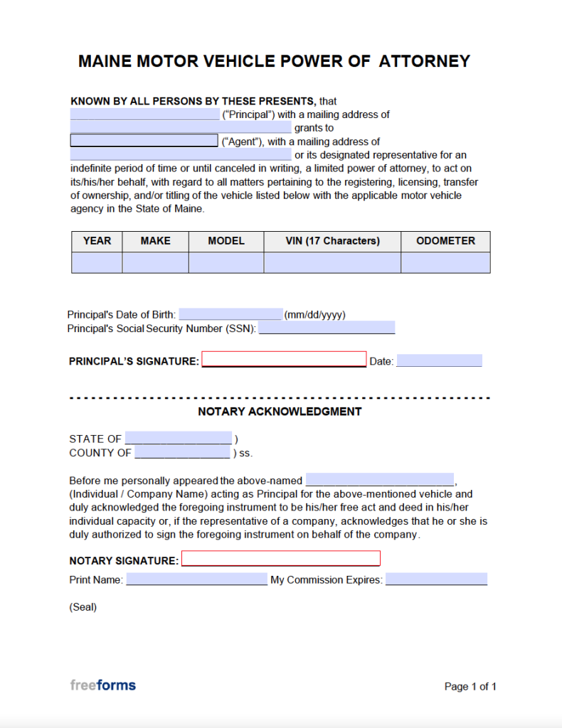 Free Maine Motor Vehicle Power of Attorney Form PDF WORD