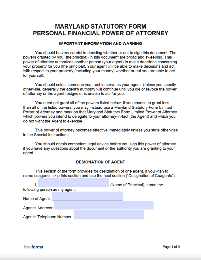Free Maryland Power of Attorney Forms PDF WORD