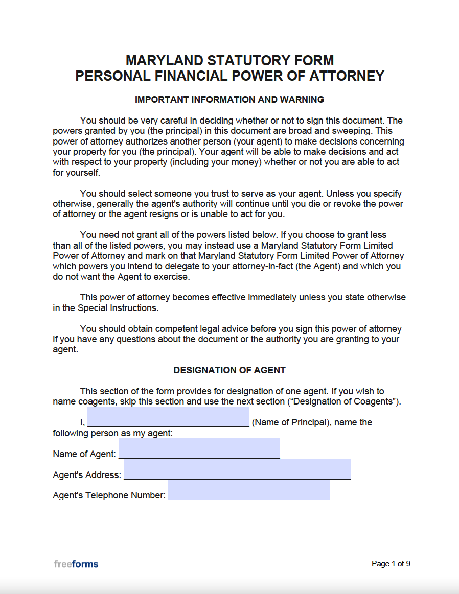Free Maryland Durable (Financial) Power of Attorney Form | PDF | Word