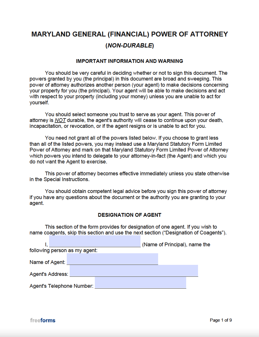 Free Maryland Durable Financial Power Of Attorney Form PDF WORD