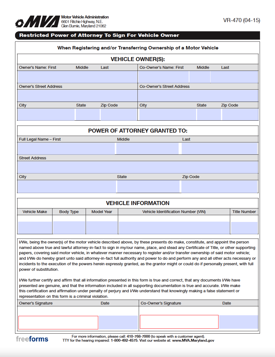Free Maryland Motor Vehicle Power Of Attorney Form PDF