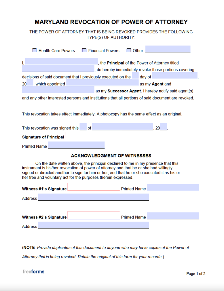 Free Maryland Power Of Attorney Forms | PDF | WORD