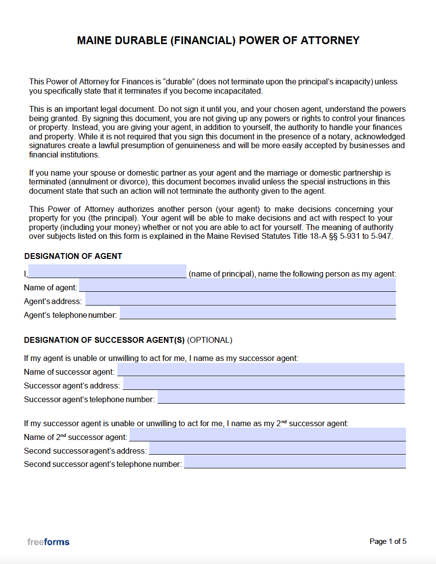 Free Maine Durable (Financial) Power of Attorney Form | PDF | WORD