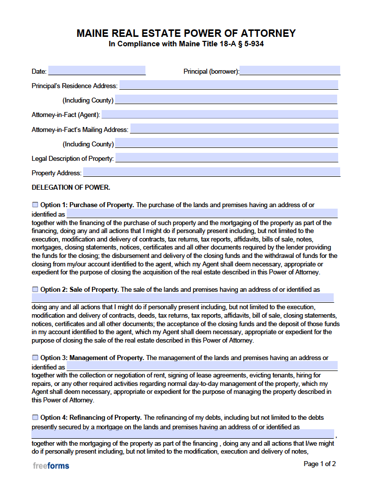 Free Maine Real Estate Power of Attorney Form PDF WORD
