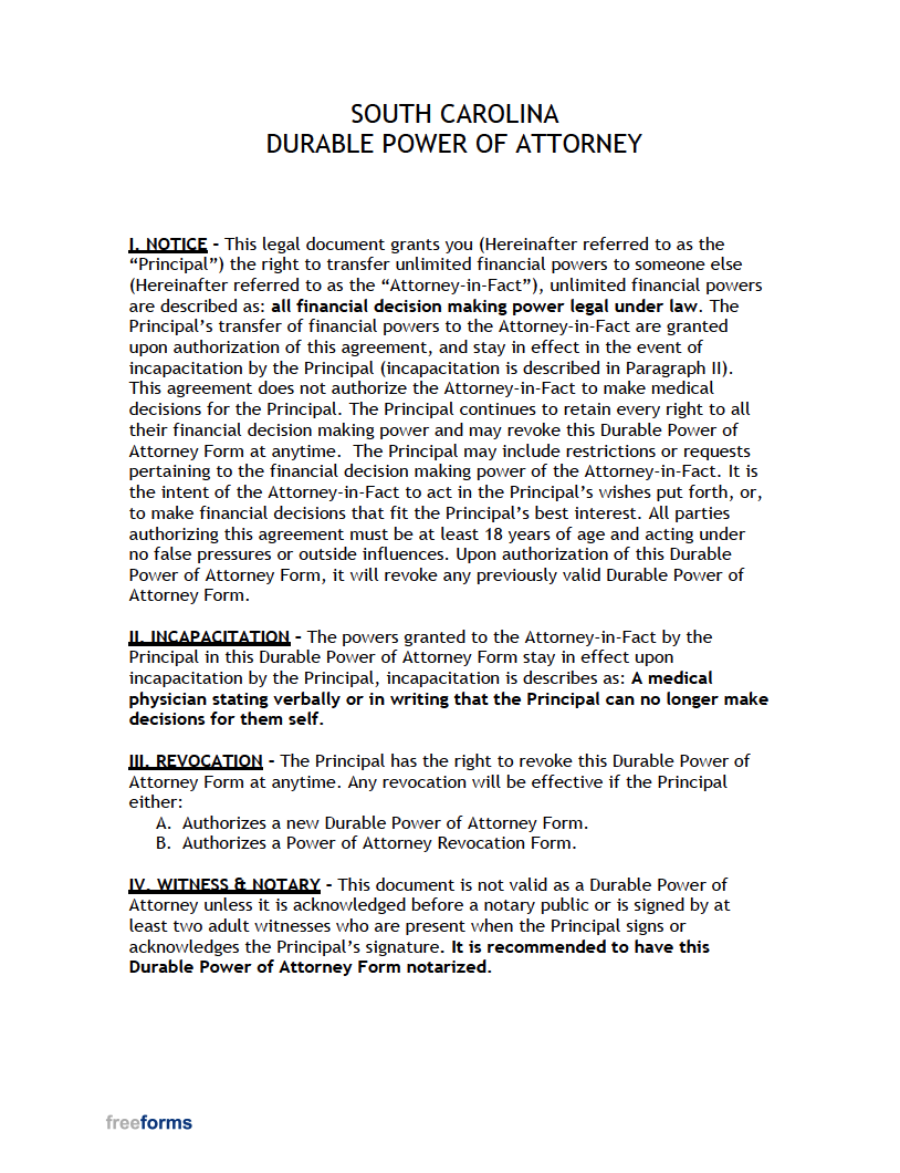 Free South Carolina Durable (Financial) Power of Attorney Form PDF WORD