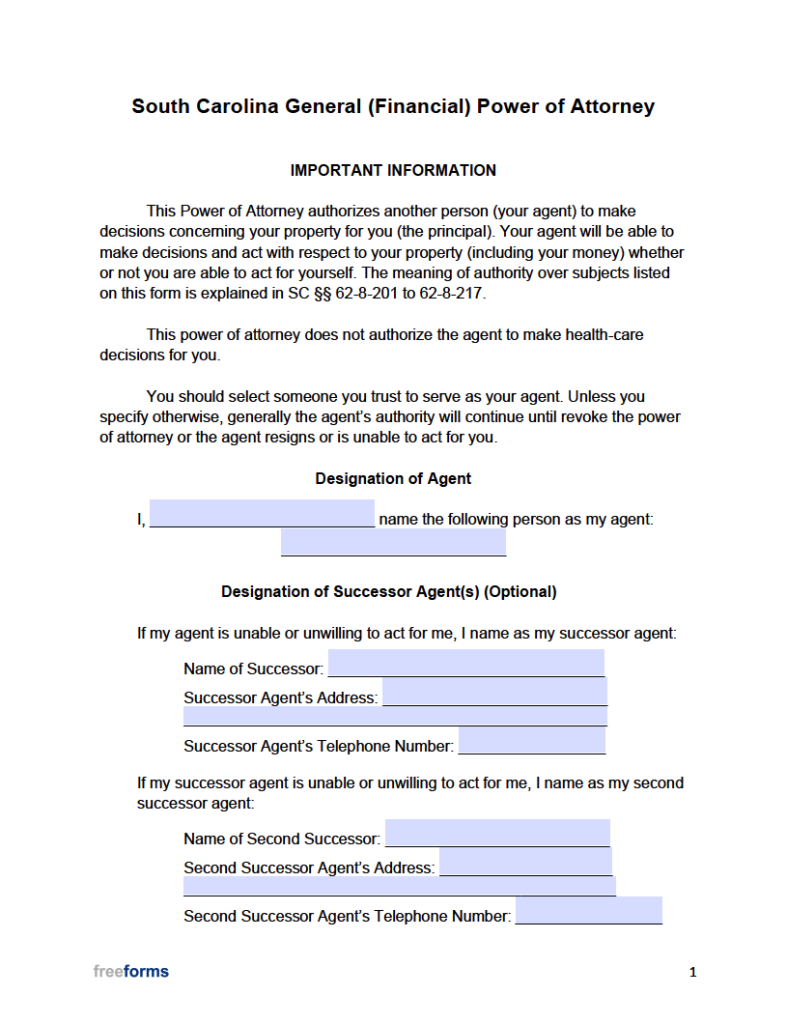 Free South Carolina General Financial Power Of Attorney Form Pdf Word 4423