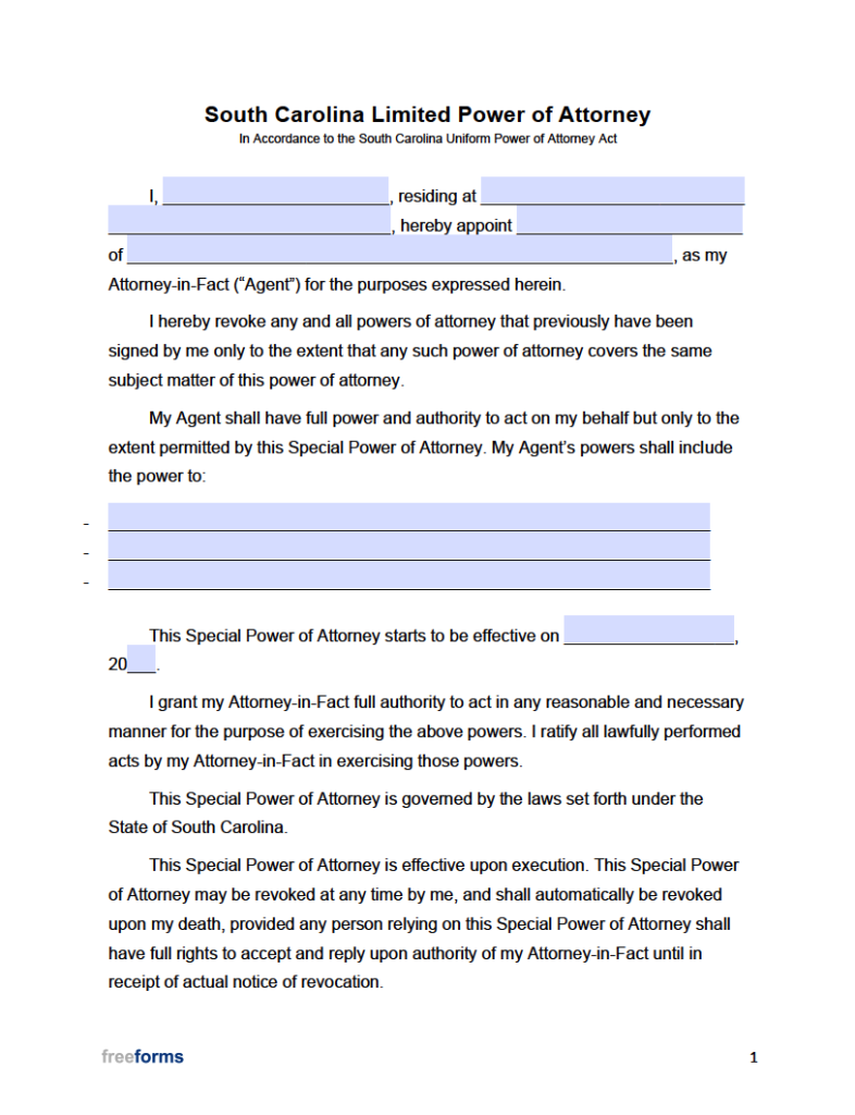 Free South Carolina Limited (Special) Power of Attorney Form PDF WORD