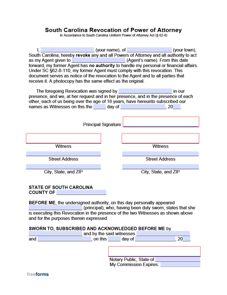 Free South Carolina Revocation Of Power Of Attorney Form PDF WORD