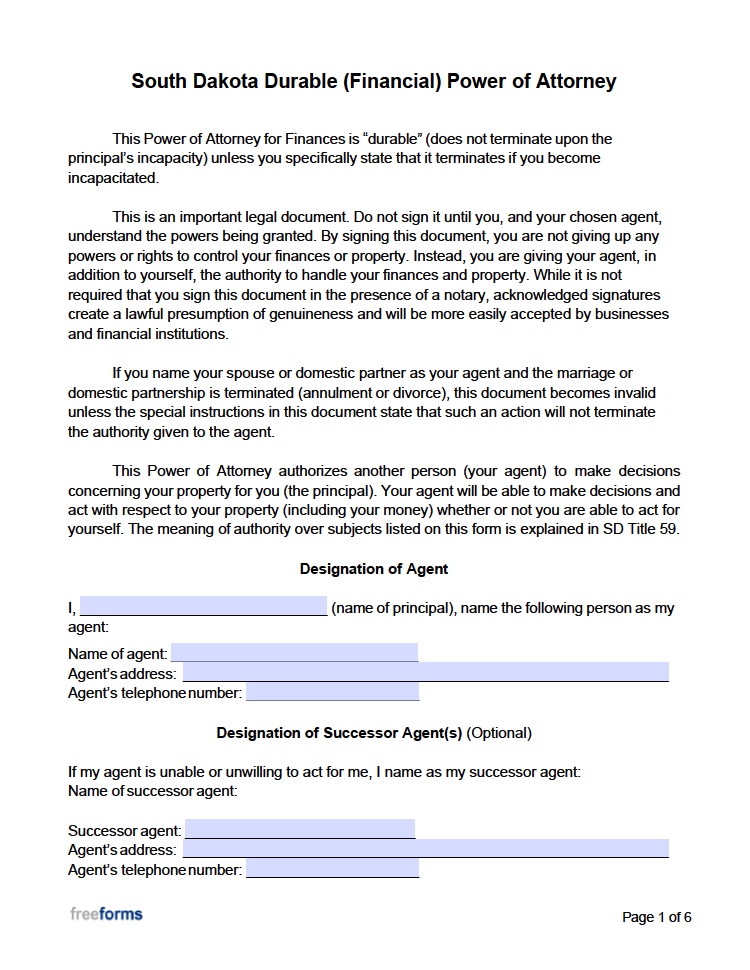 Free South Dakota Durable (Financial) Power of Attorney Form | PDF | WORD