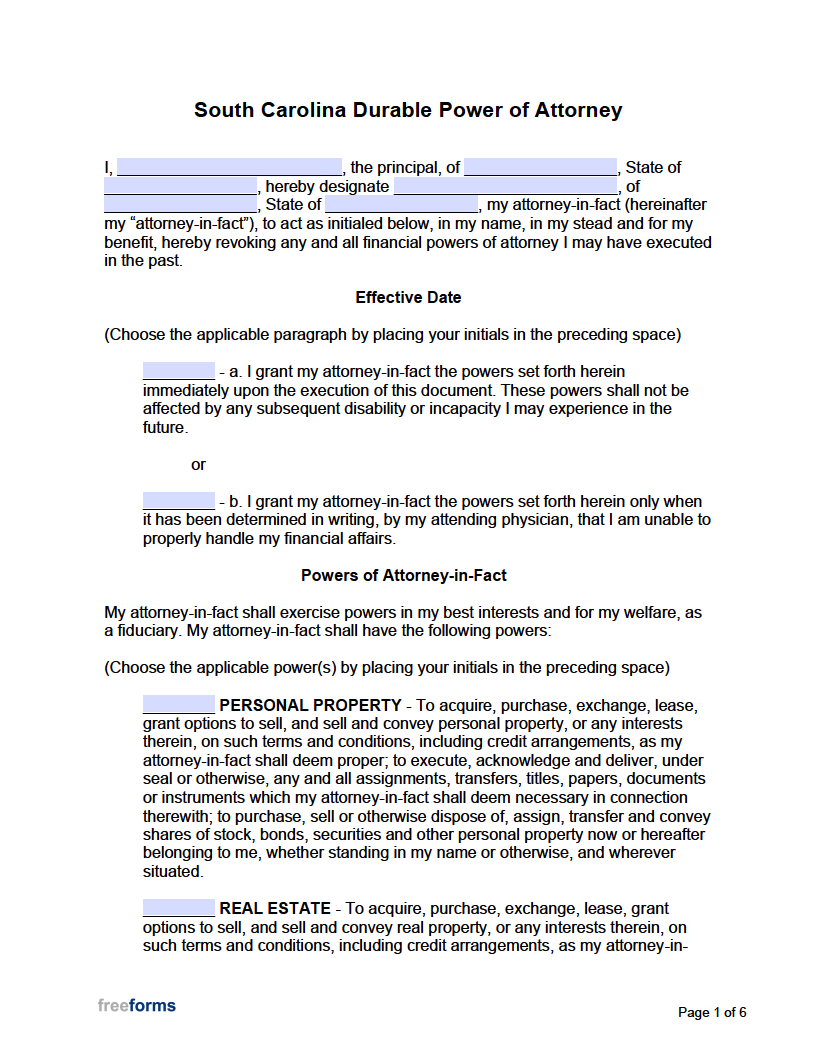 Printable Power Of Attorney Forms For South Carolina Printable Forms 