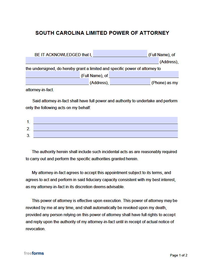 Free South Carolina Power Of Attorney Forms PDF WORD