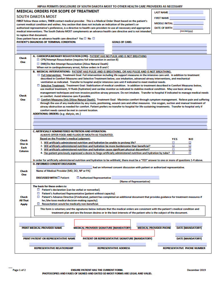 Free South Dakota Advance Directive Form (Medical POA & Living Will) PDF