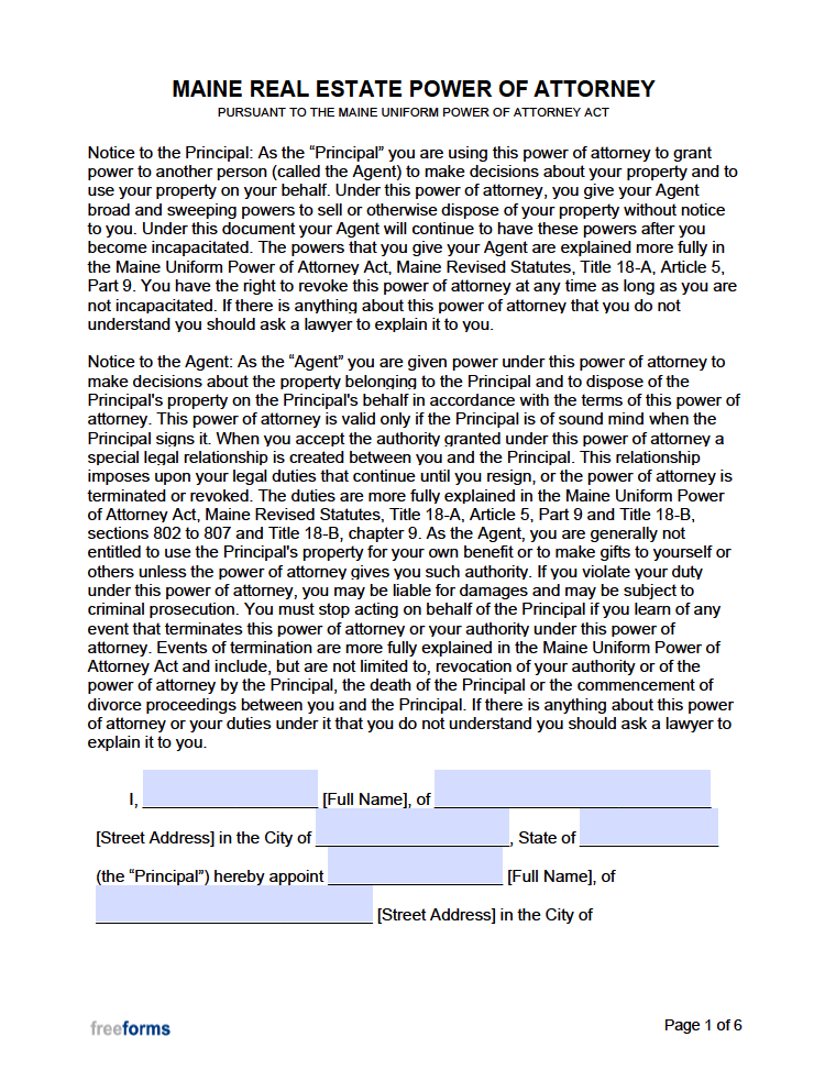 Free Maine Real Estate Power of Attorney Form PDF WORD