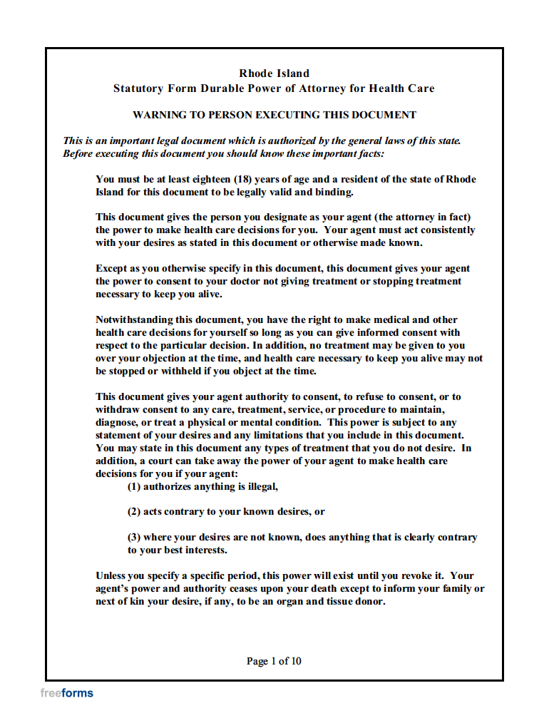 Free Rhode Island Advance Directive Form (Medical POA & Living Will) PDF