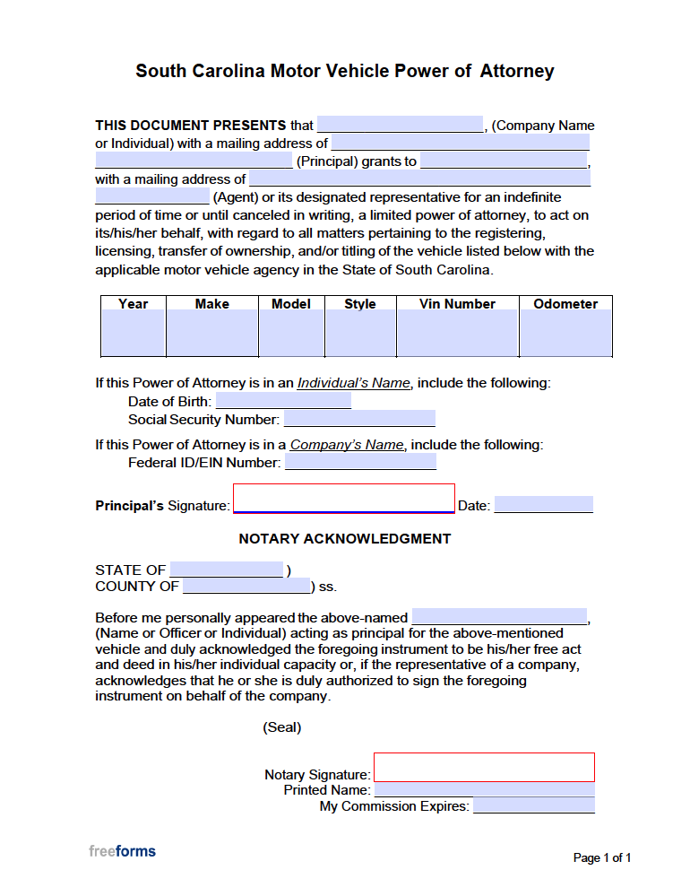 Free South Carolina Motor Vehicle Power of Attorney Form | PDF