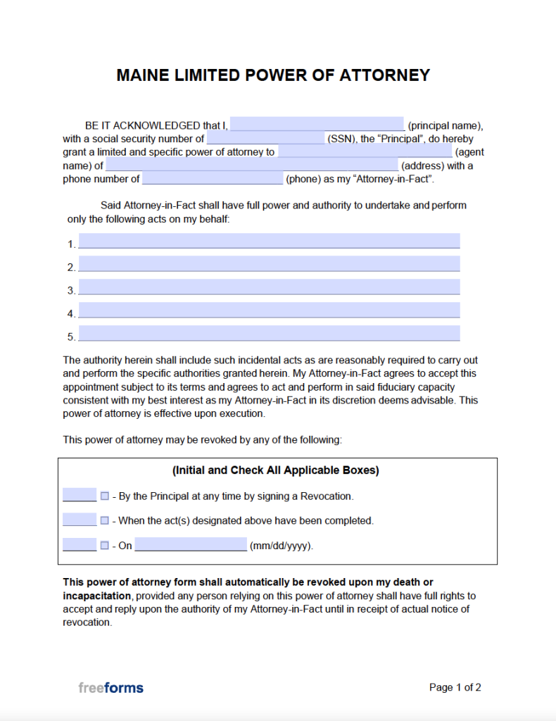 Free Maine Limited (Special) Power of Attorney Form | PDF | WORD