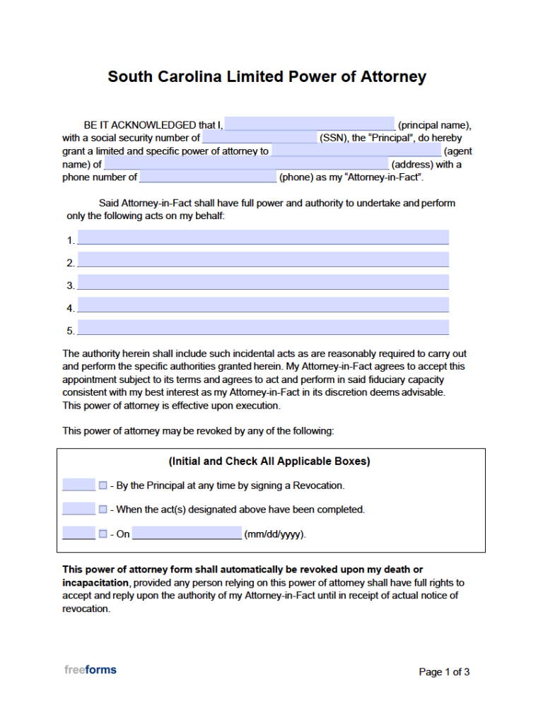 Free South Carolina Limited Special Power Of Attorney Form Pdf Word