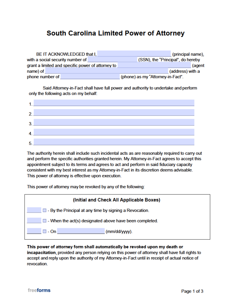 Free South Carolina Limited (Special) Power of Attorney Form PDF WORD