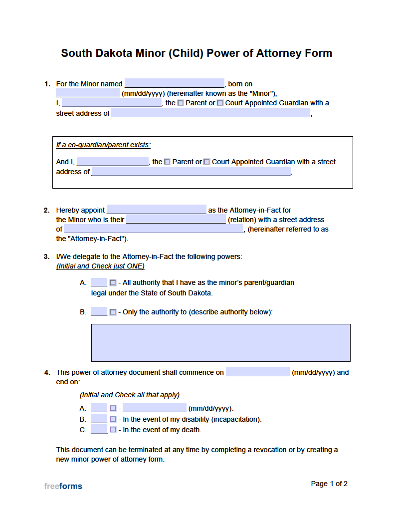 Free South Dakota Minor Child Power of Attorney Form PDF