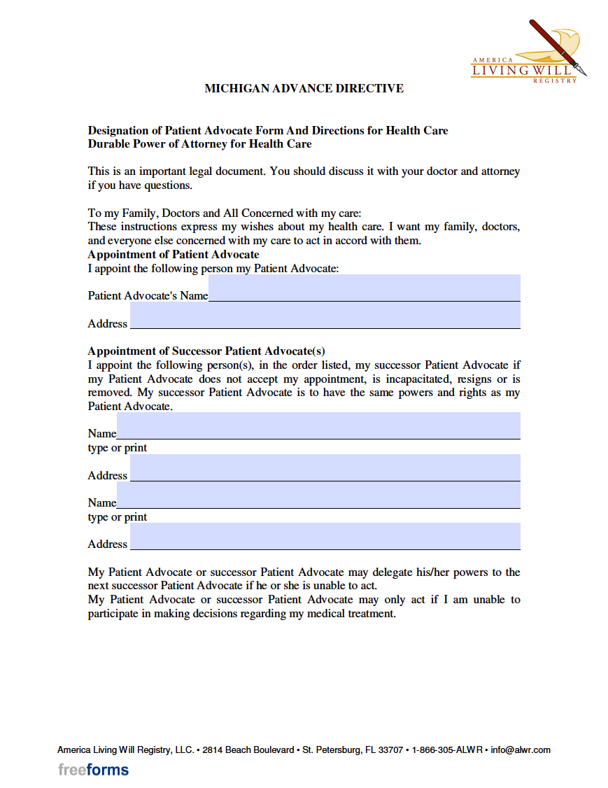 Free Michigan Advance Directive Form (Medical POA & Living Will) PDF