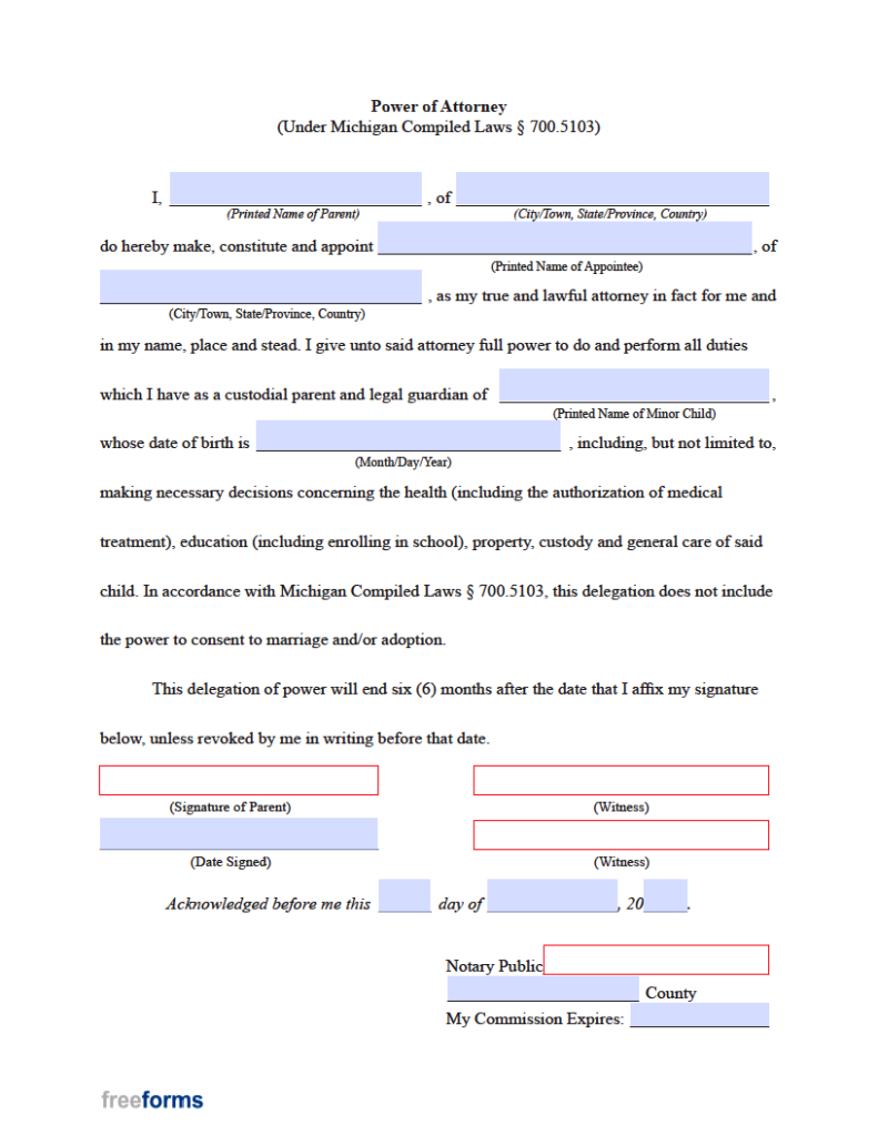 Free Michigan Minor Child Power of Attorney Form | PDF | WORD