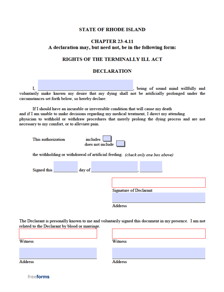 Free Rhode Island Living Will Form PDF WORD