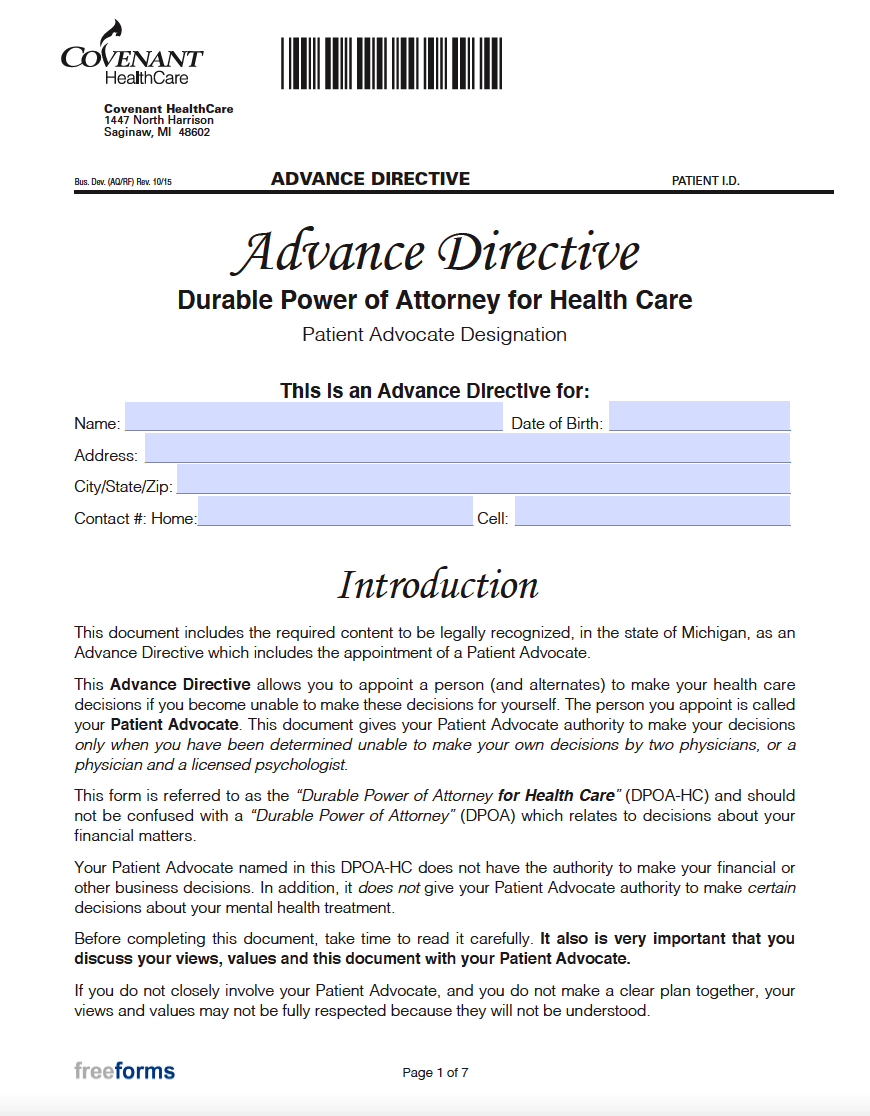 Free Michigan Advance Directive Form Medical POA Living Will PDF   Covenant HealthCare Michigan Advance Directive Form 