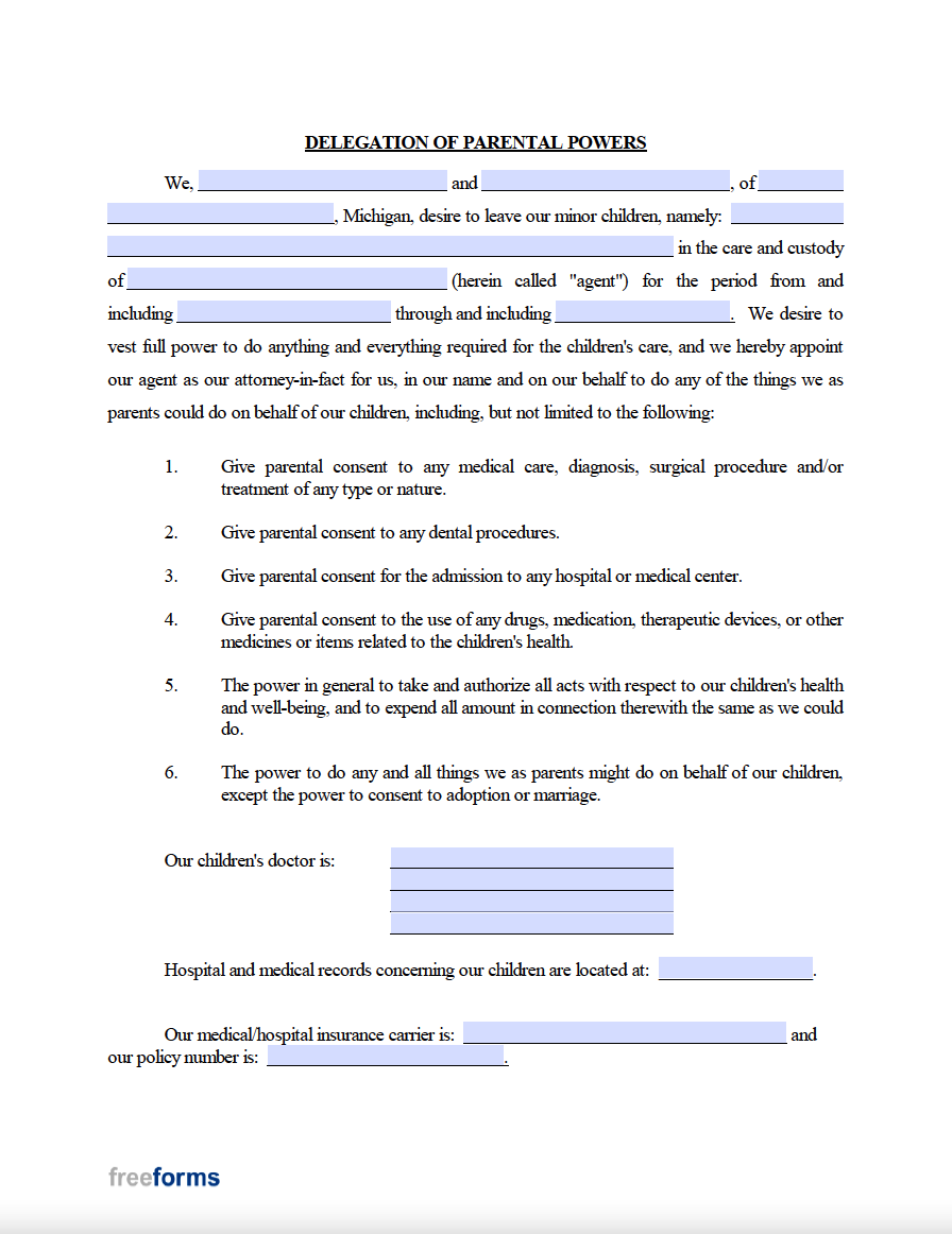 Free Michigan Minor Child Power of Attorney Form | PDF | WORD